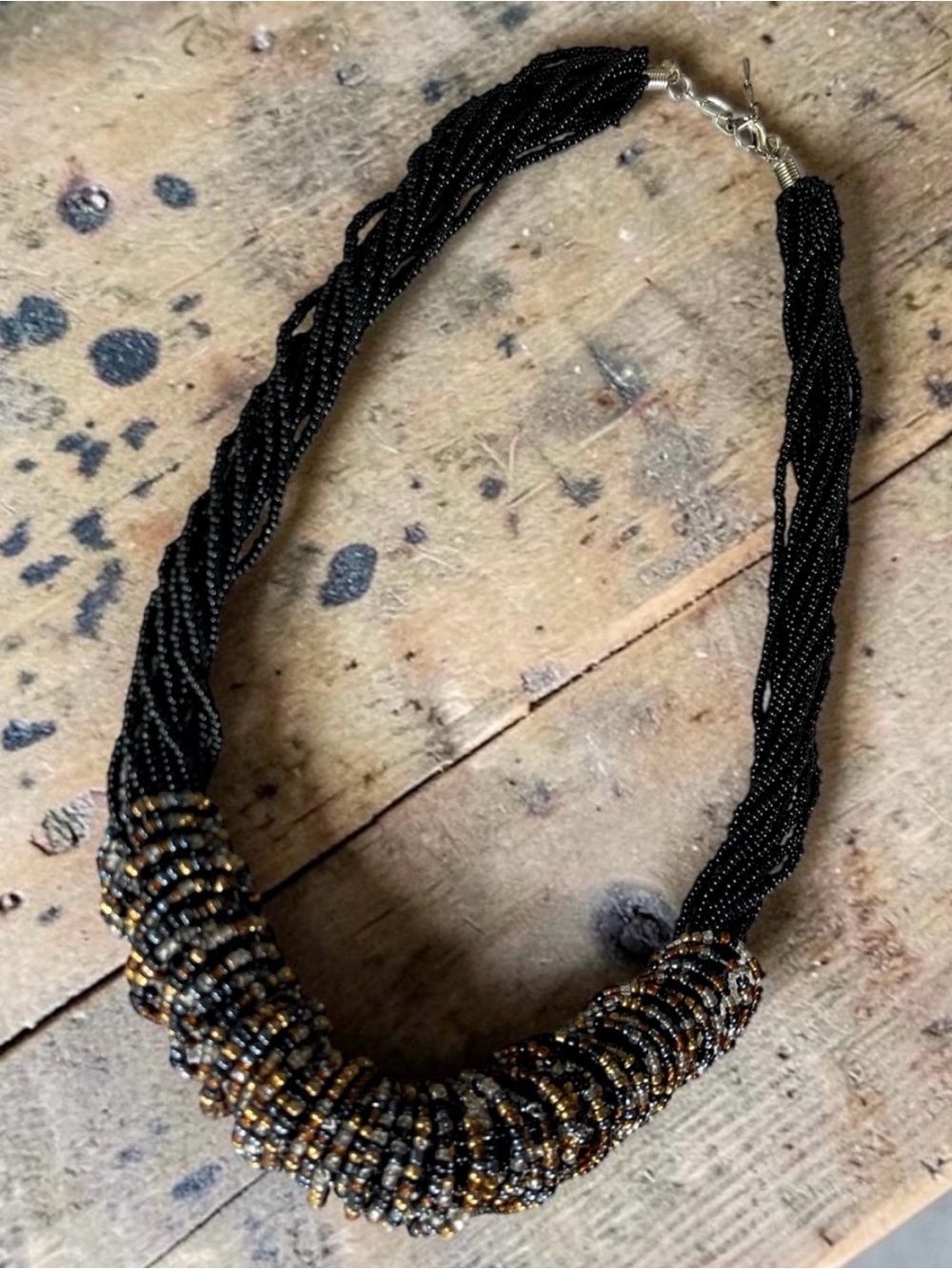 Multi Strand braided black and bronze seed bead torsade style necklace 21” - 22”